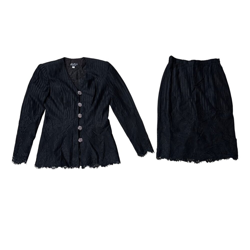 Vintage Black Lace Blazer Skirt Suit Set Size 4 Karen Lawrence by Matthew 1980s - Picture 2 of 10
